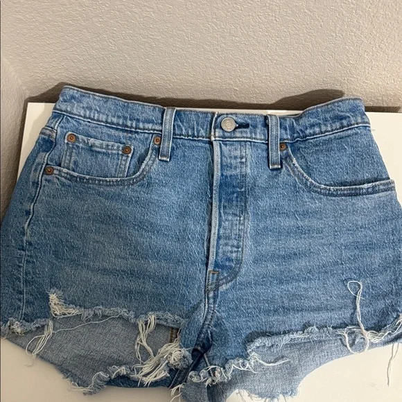 Levi's 501 Blue Distressed Jean Shorts - Picture 2 of 7